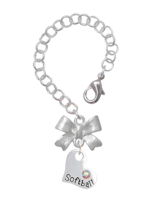 Silver Plated Heart with ''Softball'' and AB Crystal - Bow Charm Accessory for Tumblers and Thermal Cups