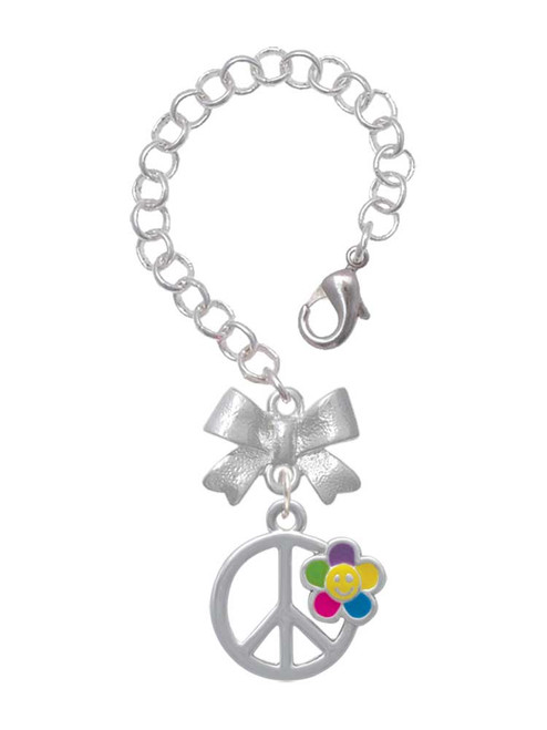 Silver Plated Large Multicolored Daisy on Peace Sign - Bow Charm Accessory for Tumblers and Thermal Cups