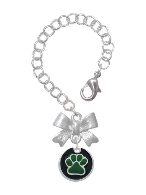 Silver Plated Green Paw on Black Disc - Bow Charm Accessory for Tumblers and Thermal Cups