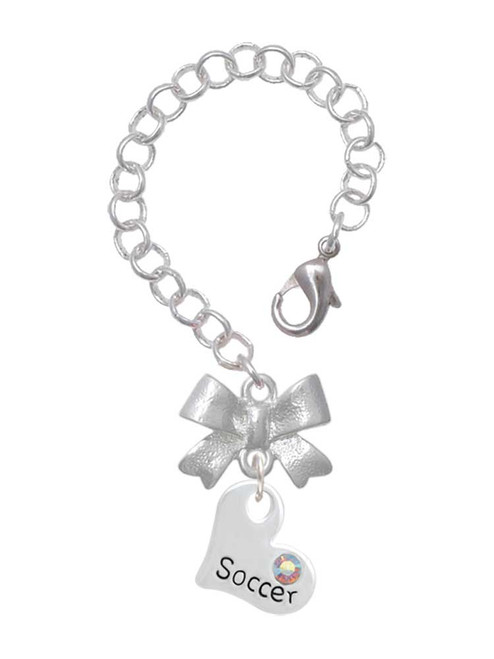 Silver Plated Heart with ''Soccer'' and AB Crystal - Bow Charm Accessory for Tumblers and Thermal Cups