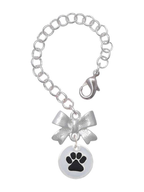 Silver Plated Black Paw on White Disc - Bow Charm Accessory for Tumblers and Thermal Cups