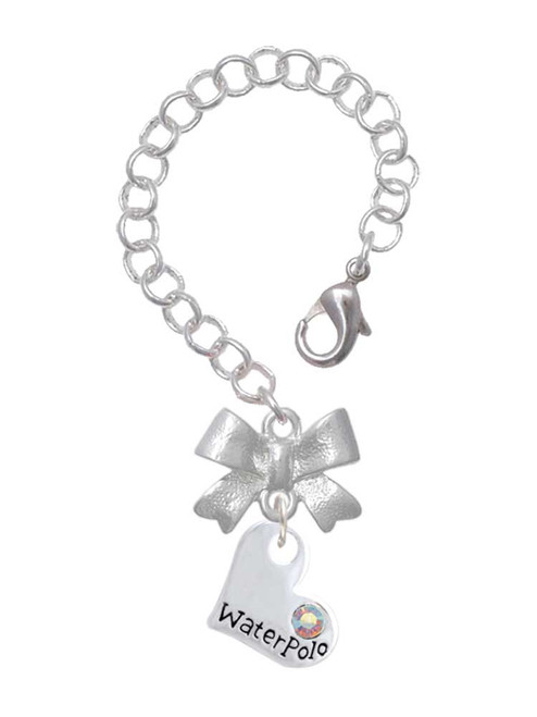 Silver Plated Heart with ''Water Polo'' and AB Crystal - Bow Charm Accessory for Tumblers and Thermal Cups