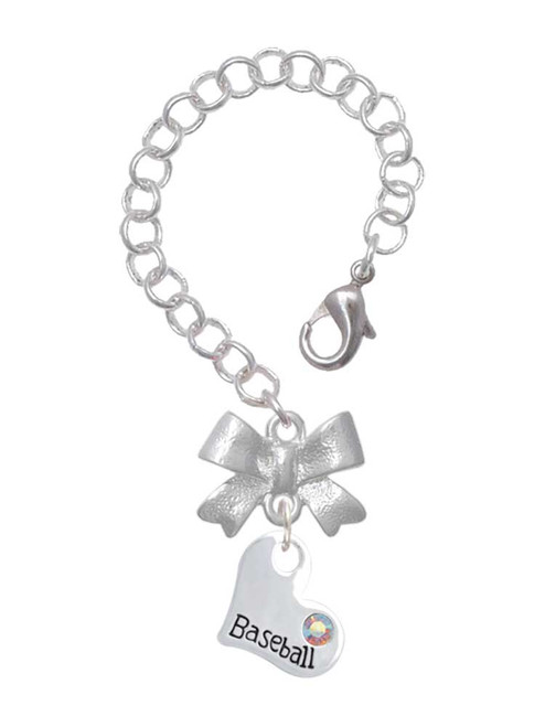 Silver Plated Heart with ''Baseball'' and AB Crystal - Bow Charm Accessory for Tumblers and Thermal Cups