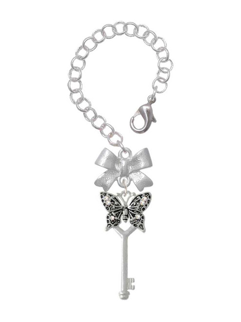 Silver Plated Antiqued Butterfly Key with AB Crystals - Bow Charm Accessory for Tumblers and Thermal Cups