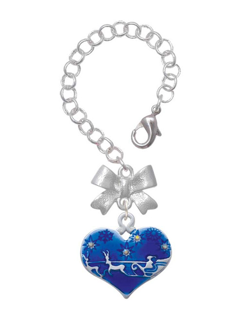 Silver Plated Large Blue Flying Santa Heart with AB Crystals - Bow Charm Accessory for Tumblers and Thermal Cups