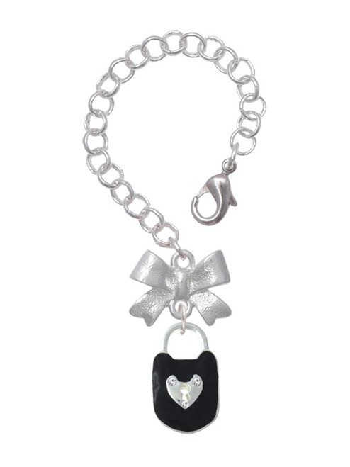 Silver Plated Black Enamel Lock with Clear Crystals - Bow Charm Accessory for Tumblers and Thermal Cups