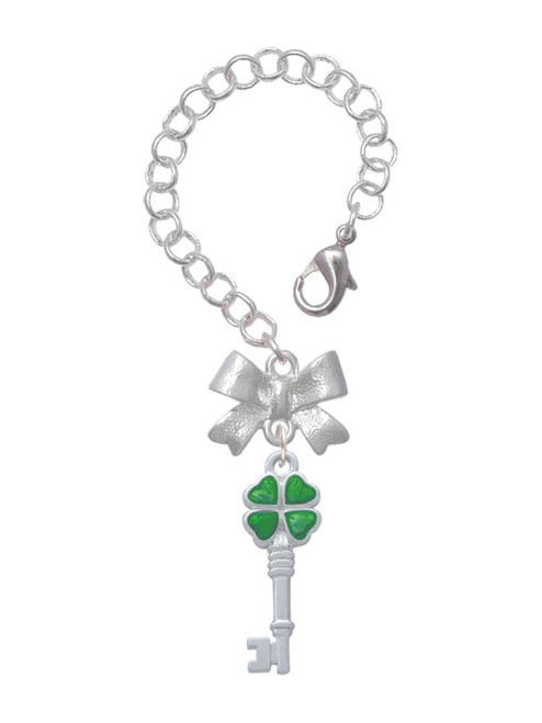 Silver Plated Translucent Green Lucky Four Leaf Clover Key - Bow Charm Accessory for Tumblers and Thermal Cups