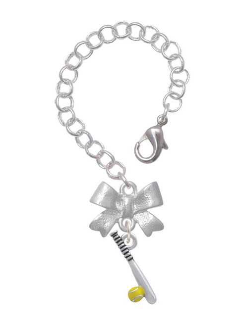 Silver Plated Enamel Softball and Bat - Bow Charm Accessory for Tumblers and Thermal Cups