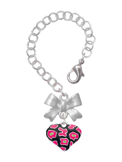 Silver Plated Hot Pink Cheetah Print Heart - Bow Charm Accessory for Tumblers and Thermal Cups