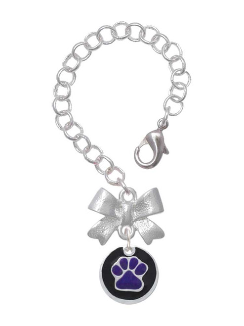 Silver Plated Purple Paw on Black Disc - Bow Charm Accessory for Tumblers and Thermal Cups