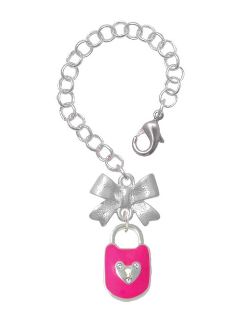 Silver Plated Hot Pink Enamel Lock with Clear Crystals - Bow Charm Accessory for Tumblers and Thermal Cups