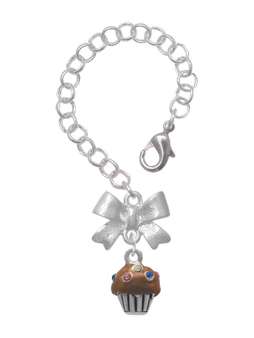 Silver Plated Small Chocolate Cupcake with Crystal Sprinkles - Bow Charm Accessory for Tumblers and Thermal Cups