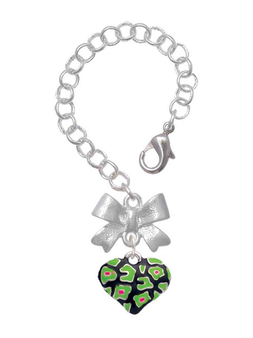Silver Plated Lime Green Cheetah Print Heart - Bow Charm Accessory for Tumblers and Thermal Cups