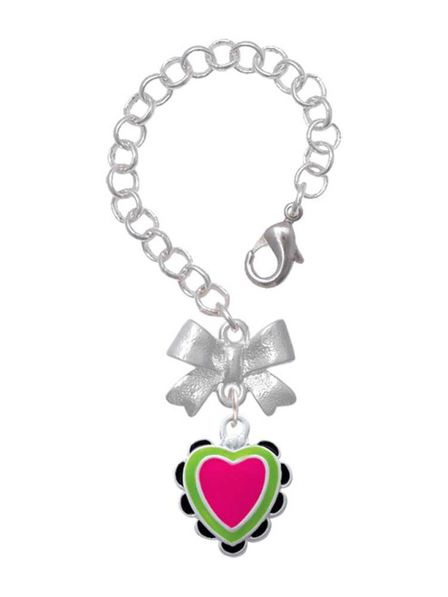 Silver Plated Hot Pink & Lime Green Heart with Black Ruffles - Bow Charm Accessory for Tumblers and Thermal Cups