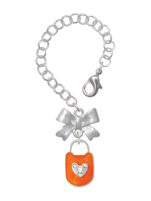 Silver Plated Hot Orange Enamel Lock with Clear Crystals - Bow Charm Accessory for Tumblers and Thermal Cups