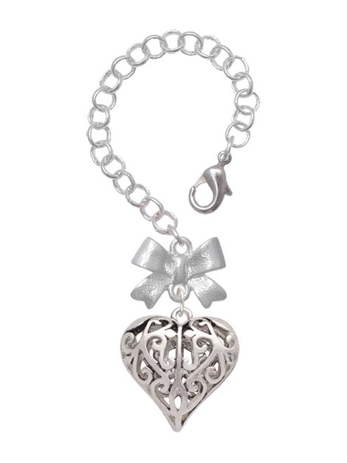 Silver Plated Large Open Filigree Heart - Bow Charm Accessory for Tumblers and Thermal Cups