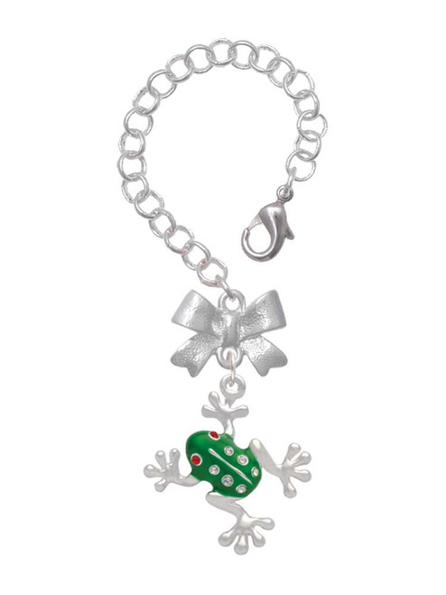 Silver Plated Green Frog with Crystals - Bow Charm Accessory for Tumblers and Thermal Cups