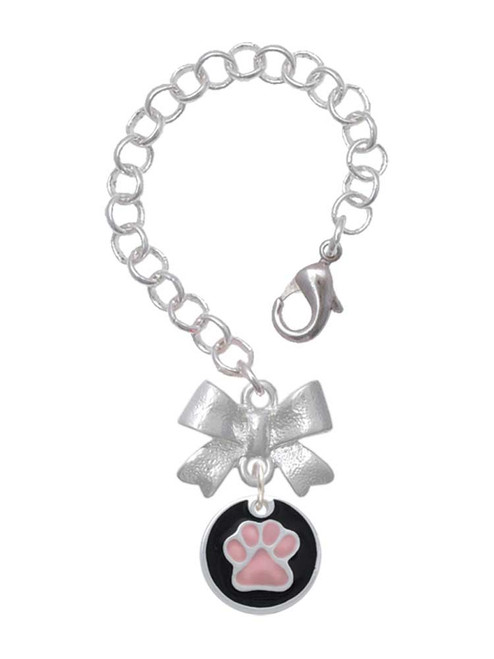 Silver Plated Pink Paw on Black Disc - Bow Charm Accessory for Tumblers and Thermal Cups