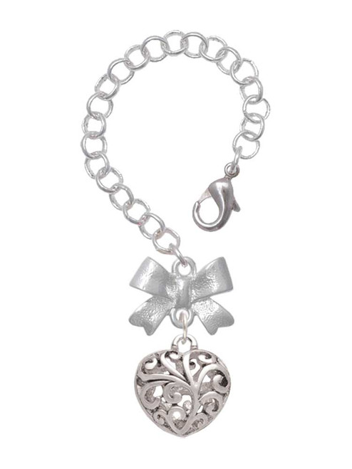 Silver Plated Medium Open Filigree Heart - Bow Charm Accessory for Tumblers and Thermal Cups