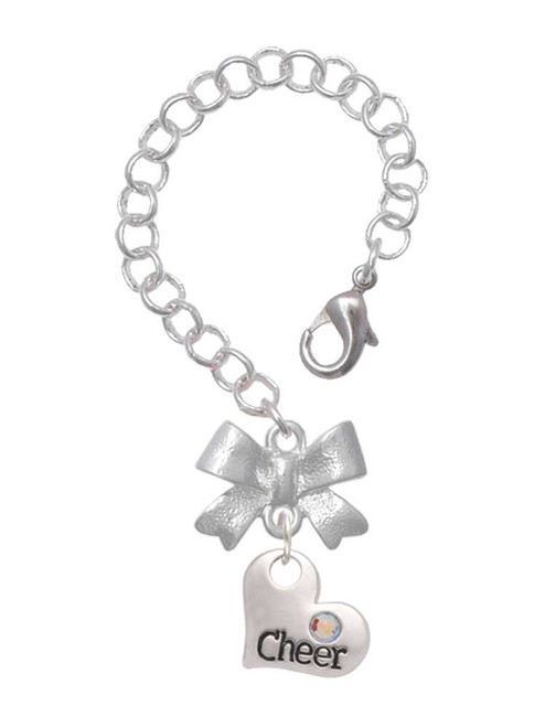Silver Plated Cheer Heart with AB Crystal - Bow Charm Accessory for Tumblers and Thermal Cups