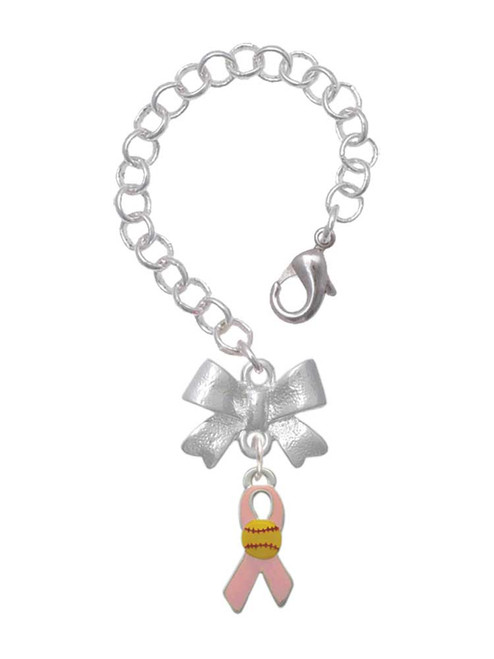 Silver Plated Pink Ribbon with Softball - Bow Charm Accessory for Tumblers and Thermal Cups