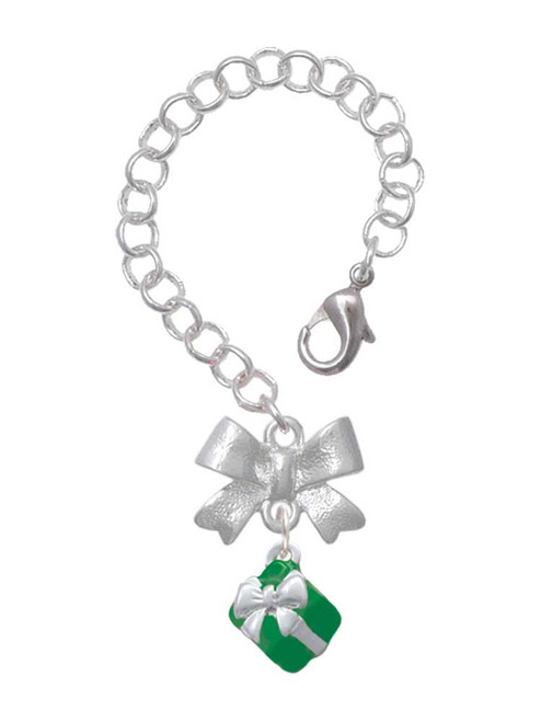 Silver Plated Small 3-D Green Present with Bow - Bow Charm Accessory for Tumblers and Thermal Cups