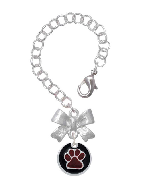 Silver Plated Maroon Paw on Black Disc - Bow Charm Accessory for Tumblers and Thermal Cups