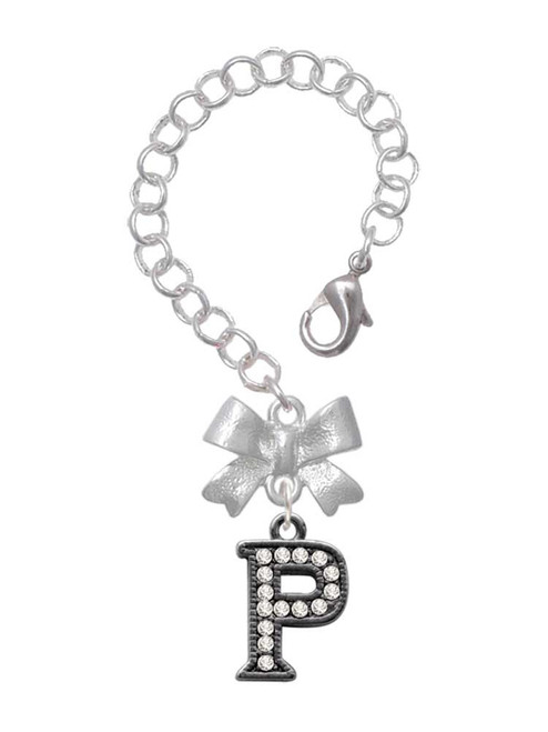 Black Nickeltone Crystal Initial - P - Beaded Border - Bow Charm Accessory for Tumblers and Thermal Cups