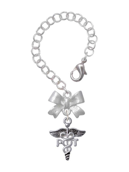 Silver Plated Therapist Caduceus - PT - Bow Charm Accessory for Tumblers and Thermal Cups