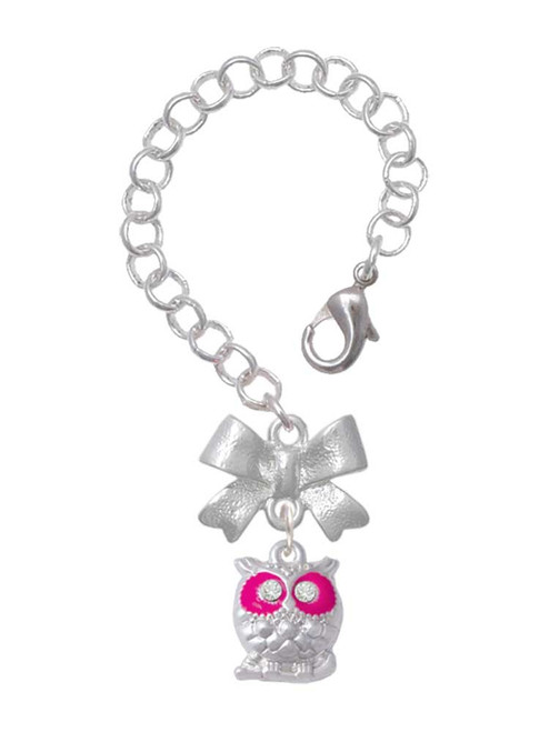 Silver Plated Owl with Hot Pink & Clear Crystal Eyes - Bow Charm Accessory for Tumblers and Thermal Cups