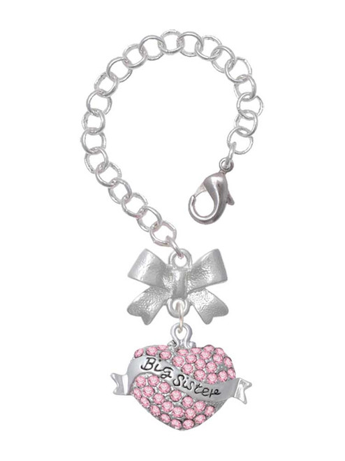 Silver Plated Big Sister Banner on Pink Crystal Heart - Bow Charm Accessory for Tumblers and Thermal Cups