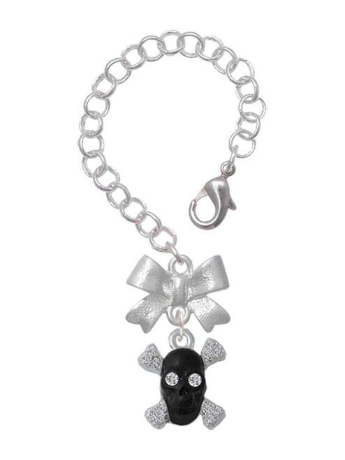 Silver Plated Small Black Resin Skull with Clear Crystals - Bow Charm Accessory for Tumblers and Thermal Cups