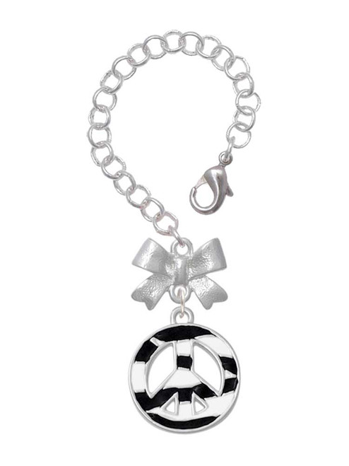 Silver Plated Large Zebra Print Peace Sign - Bow Charm Accessory for Tumblers and Thermal Cups