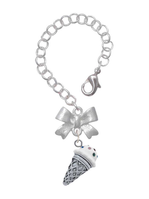 Silver Plated 3-D Resin Vanilla Ice Cream Cone with Crystals - Bow Charm Accessory for Tumblers and Thermal Cups