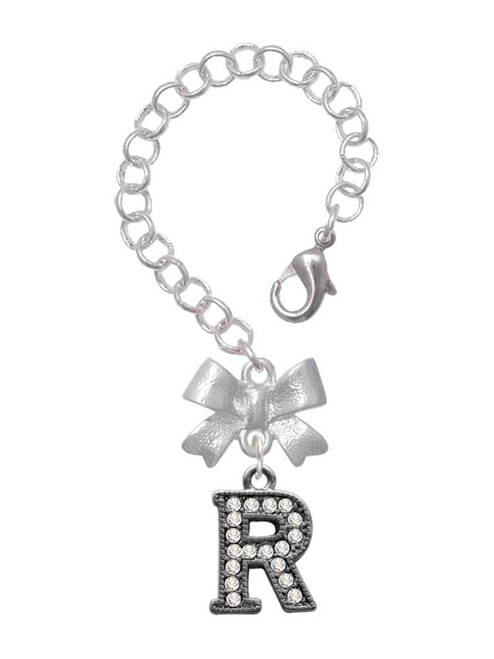 Black Nickeltone Crystal Initial - R - Beaded Border - Bow Charm Accessory for Tumblers and Thermal Cups