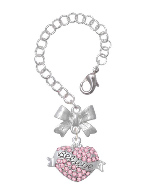 Silver Plated Believe Banner on Pink Crystal Heart - Bow Charm Accessory for Tumblers and Thermal Cups