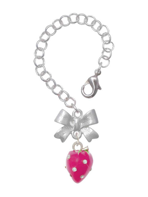 Silver Plated Large 3-D Hot Pink Strawberry with Crystals - Bow Charm Accessory for Tumblers and Thermal Cups