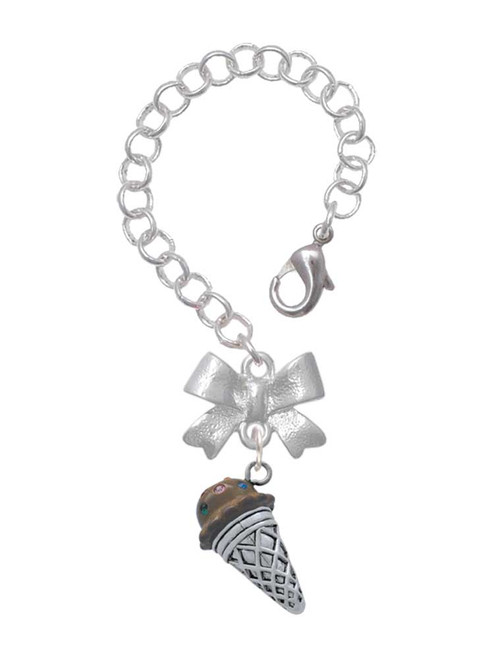 Silver Plated 3-D Resin Chocolate Ice Cream Cone with Crystals - Bow Charm Accessory for Tumblers and Thermal Cups