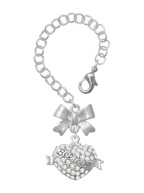 Silver Plated Believe Banner on Clear Crystal Heart - Bow Charm Accessory for Tumblers and Thermal Cups