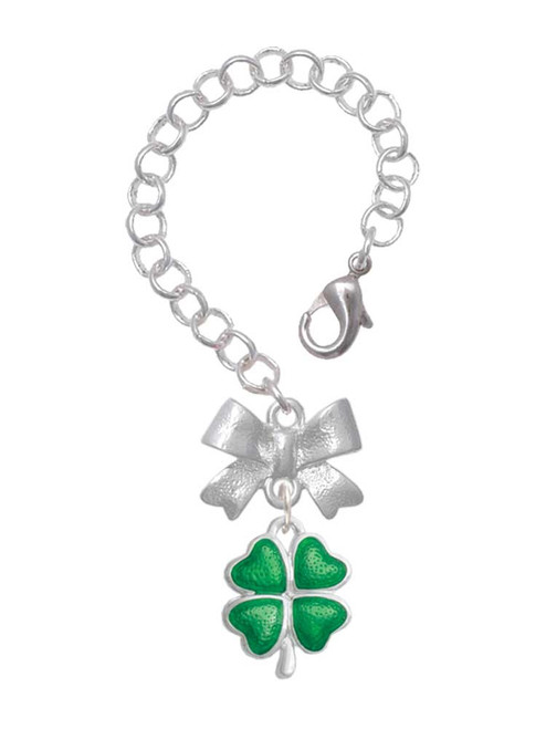 Silver Plated Translucent Green Lucky Four Leaf Clover - Bow Charm Accessory for Tumblers and Thermal Cups