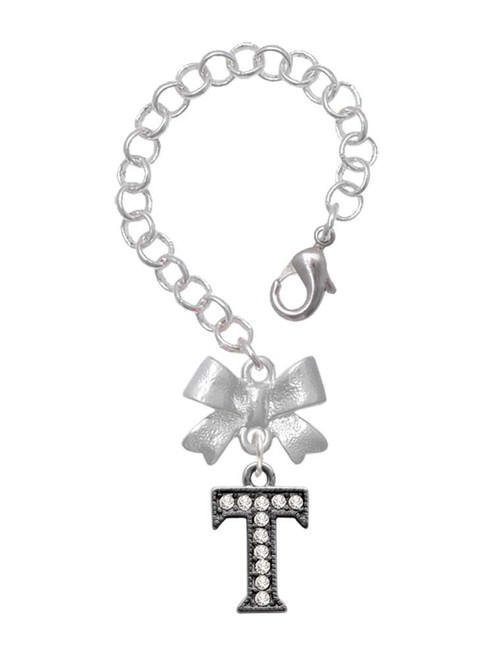 Black Nickeltone Crystal Initial - T - Beaded Border - Bow Charm Accessory for Tumblers and Thermal Cups