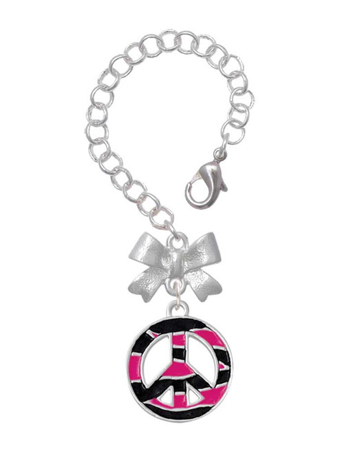 Silver Plated Large Hot Pink Tiger Print Peace Sign - Bow Charm Accessory for Tumblers and Thermal Cups
