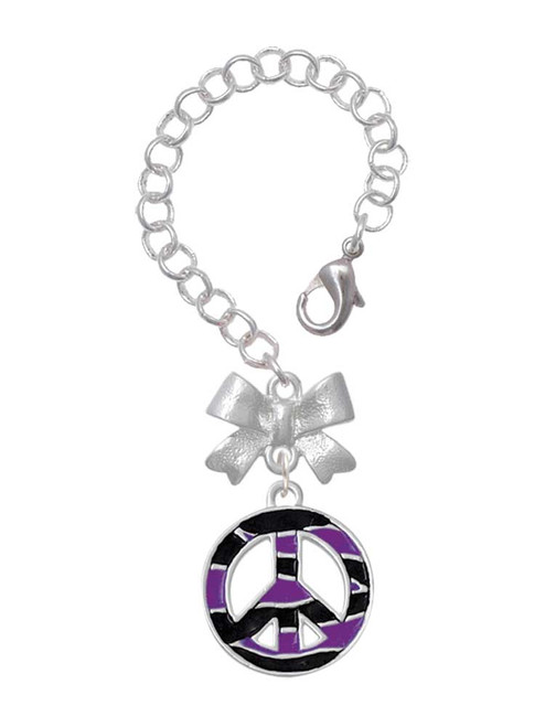 Silver Plated Large Purple Tiger Print Peace Sign - Bow Charm Accessory for Tumblers and Thermal Cups