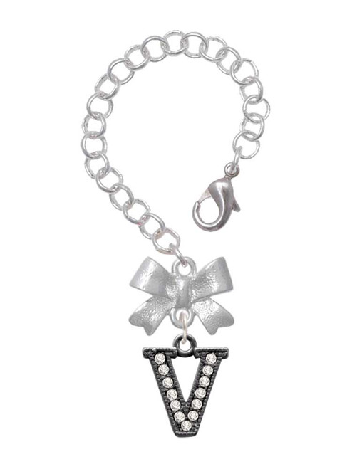 Black Nickeltone Crystal Initial - V - Beaded Border - Bow Charm Accessory for Tumblers and Thermal Cups