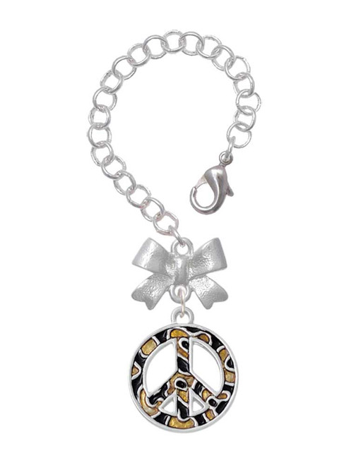 Silver Plated Large Brown Cheetah Print Peace Sign - Bow Charm Accessory for Tumblers and Thermal Cups