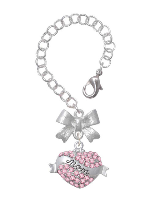 Silver Plated Mom Banner on Pink Crystal Heart - Bow Charm Accessory for Tumblers and Thermal Cups