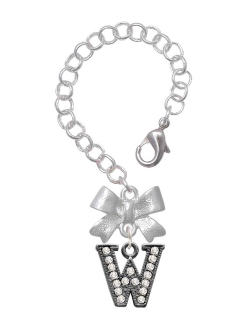 Black Nickeltone Crystal Initial - W - Beaded Border - Bow Charm Accessory for Tumblers and Thermal Cups