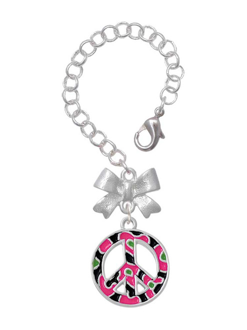 Silver Plated Large Hot Pink Cheetah Print Peace Sign - Bow Charm Accessory for Tumblers and Thermal Cups