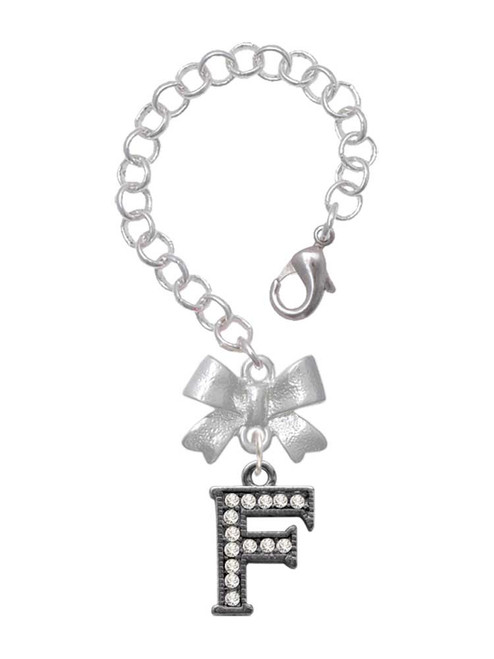 Black Nickeltone Crystal Initial - F - Beaded Border - Bow Charm Accessory for Tumblers and Thermal Cups