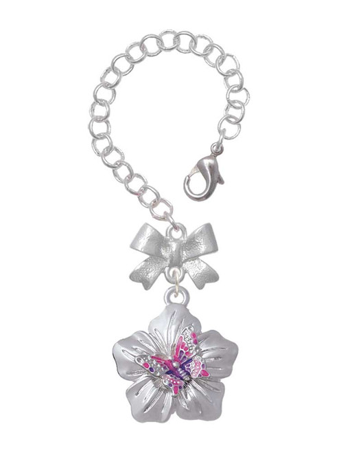 Silver Plated Pink & Purple Butterfly on Large Flower - Bow Charm Accessory for Tumblers and Thermal Cups
